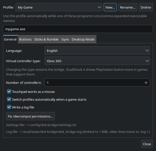 DS4 Bridge settings with a per-game profile